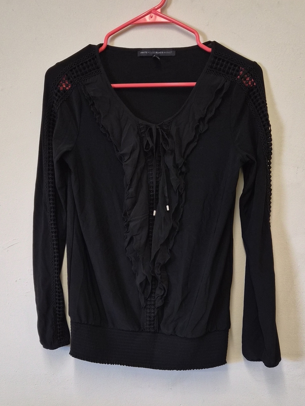 White House Black Market Black Ruffle-Front Long Sleeve Top Size XXS